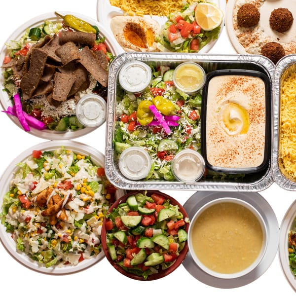 Joe's Falafel spread with salads, hummus, falafel, rice, and gyro meat in various containers.